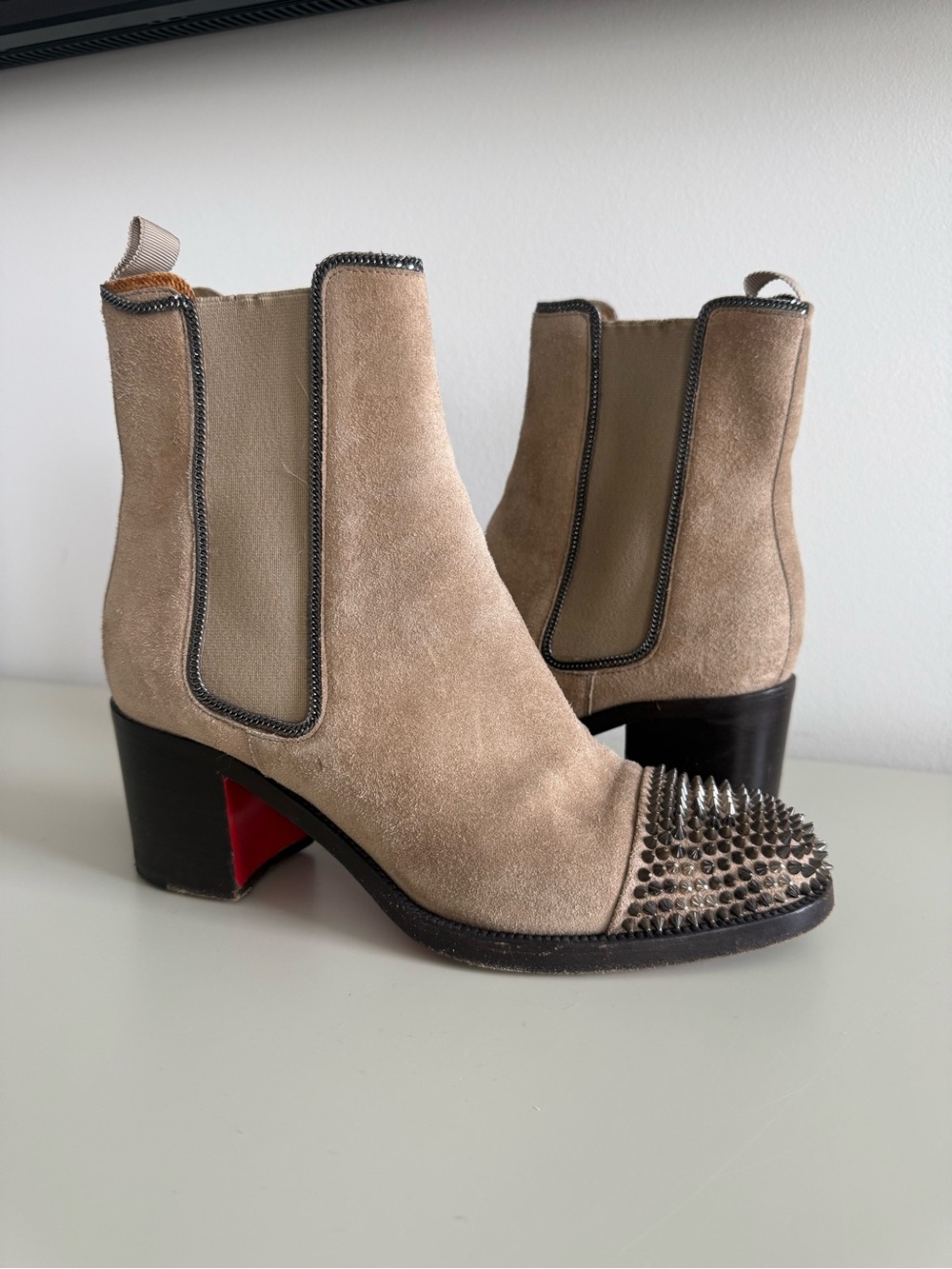 Christian Louboutin Beige Suede Studded Toe Ankle Boots
